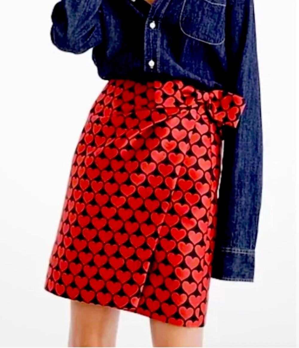 J. Crew Electric Red Jacquard Heart Faux Wrap Skirt Style H2856 Sz 00